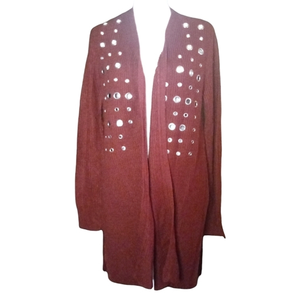 Ultra Flirt Burgundy Grommet Detail Open Knit Long Line Cardigan Size Large